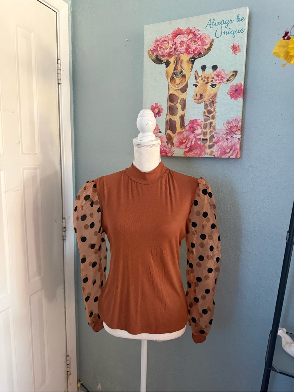 Brown Puff-Sleeve Polka Dot Women’s Top